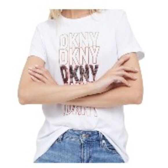 DKNY Multicolor Logo Embellished White Tee Medium NWT - Picture 1 of 1